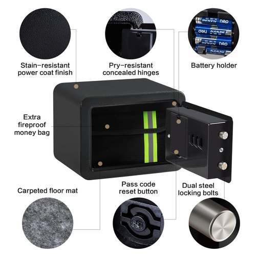 0.23 Cubic Feet Safe Box, Small Safe W/Fireproof Bag, Keys & Pass Code, Digital Electronic Security Money Box for Cash, Document, Home, Office, Hotel Use, Black, 6.69"D x 9.06"W x 6.69"H