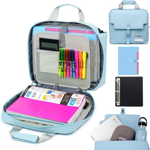 Kaitiaki 3 Ring Zipper Binder Bag with Handle and Shoulder Strap, 3-Inch D-Ring, Large Laptop Pocket, 5-Tab Expanding File Folder, School Supply Kit (Minor Blue)