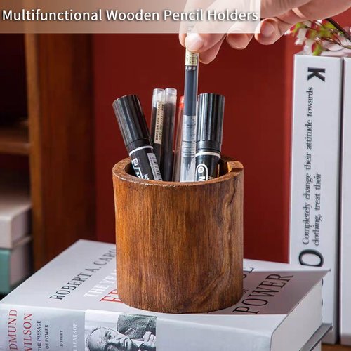 Jwthee Wood Pen Holder for Desk, Makeup Brush Cup Small Utensil Holder, Multi Purpose Cylindrical Pen Cup Desktop Stationary Organizer Storage Case Stationery for School Home Office Supplies