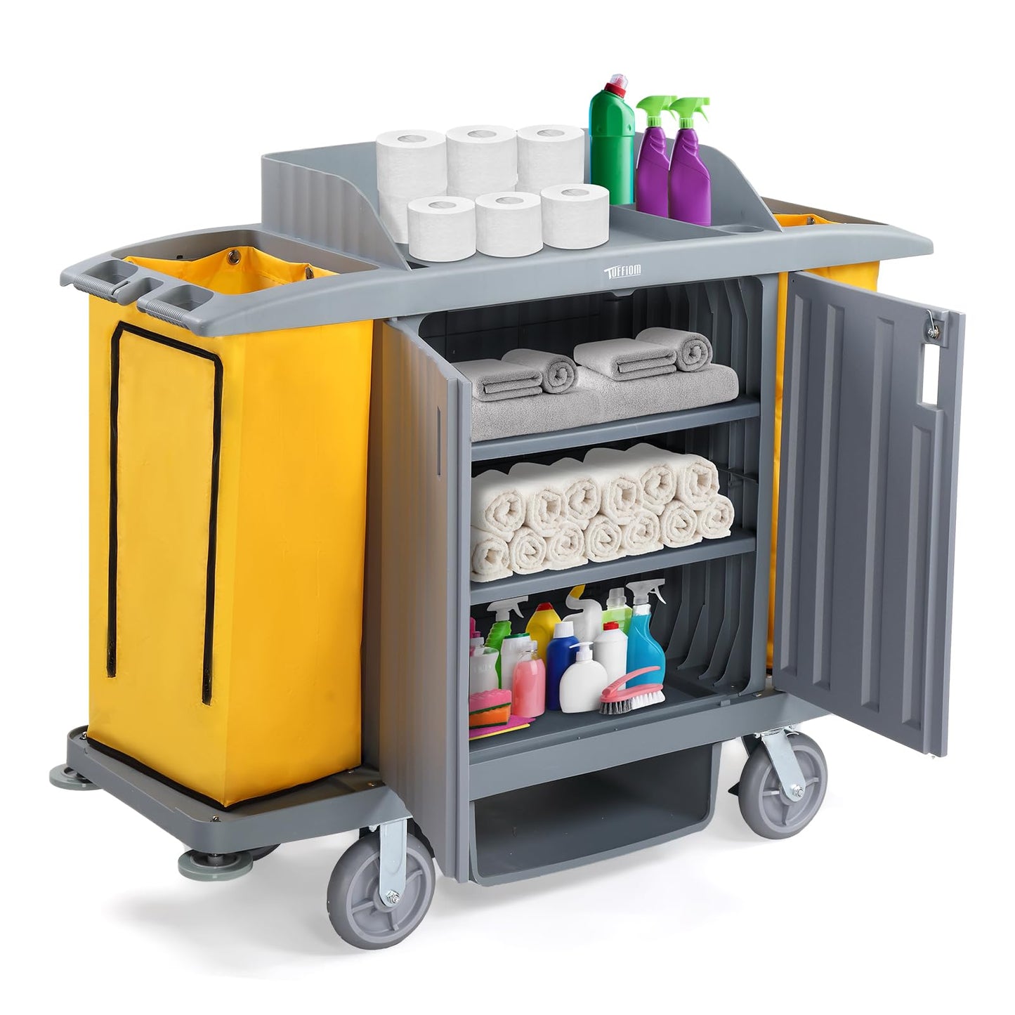 TUFFIOM Industrial Multifunctional Locking Hotel Cart, Commercial Traditional Cleaning Janitorial Room Service Housekeeping Cart, 51" H x 59" W x 20" D