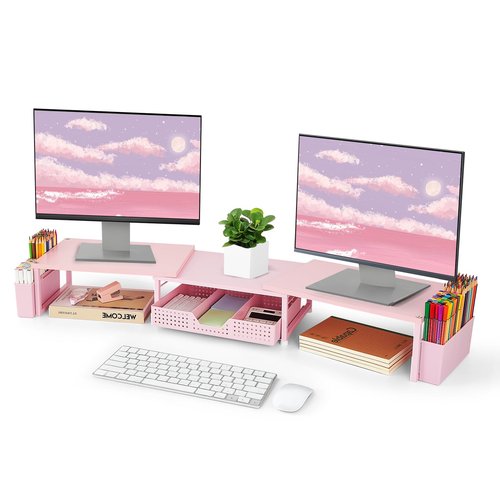 OPNICE Desk Dual Monitor Stand Riser - Wood Desk Organizer with Drawer and Pen Holders, Office Desk Accessories & Workspace Organization, Computer Monitor Stand for Laptop Printer, Girl Pink
