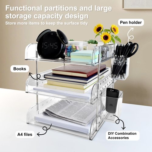 3 Tier Desktop File Organizer, Acrylic Clear Stackable Desktop Paper Organizer Letter Tray Shelf with Pen Holder, Pegboard Shelf Office Organizer for File Paper, Letter, A4 Office File, Books, Notes