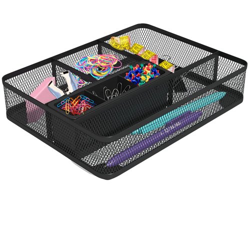 1InTheOffice Modern Minimalist Mesh Collection Desk Drawer Organizer, 7 Compartment, Matte Black