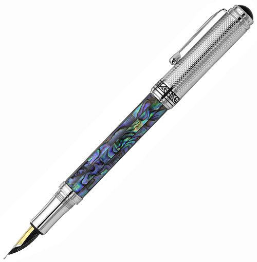Xezo Maestro Fountain Pen, Medium Nib. Pāua Abalone Sea Shell Inlay with Chrome Plating. Handcrafted, Limited Edition, Serialized. No Two Pens Alike