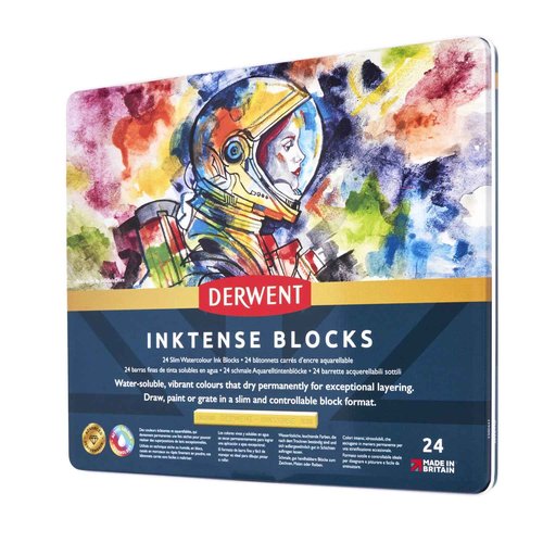 Derwent Inktense Blocks 24 Tin, Set of 24, 8mm Block, Soft Texture, Watersoluble, Ideal for Watercolor, Drawing, Coloring, Crafts and Painting on Paper and Fabric, Professional Quality (2300443)