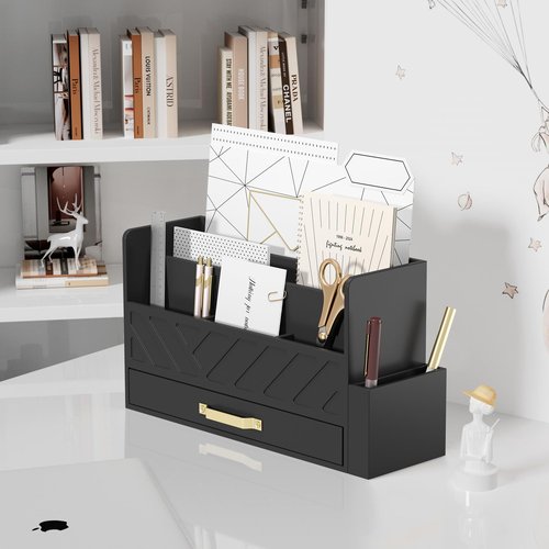 WISUCART Bamboo Desk Organizer Mail Holder Countertop Wood Desk Drawer Tabletop Storage Box Pen Holder Letter Sorter Makeup Organizer for School Home Office Supplies with Pen Holder Black