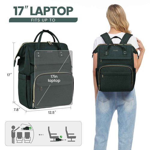 LOVEVOOK Laptop Backpack for Women,17 Inch Professional Womens Travel Backpack Purse Computer Laptop Bag Nurse Teacher Backpack,Waterproof Work Bags Carry on Back Pack with USB Port,Dark Green