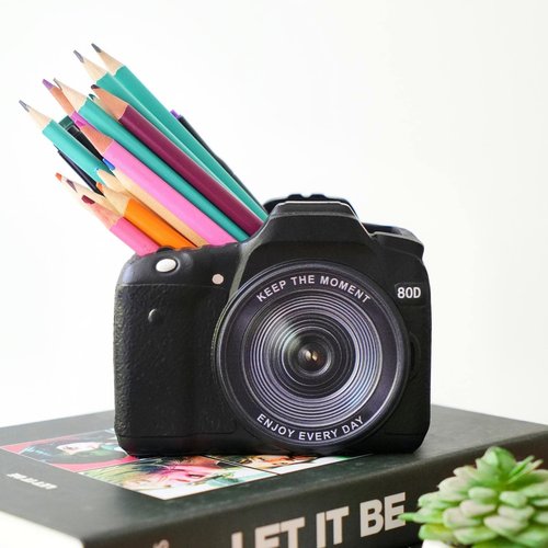 Camera Pen Pencil Holder Desk-Decor - Bookend Shelf Decor Makeup Brush Holder, Aesthetic Desk Accessories Supplies Holders Organizer for Office Stationary Birthday Anniversaries Graduation Gift