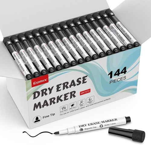 Comix Magnetic Dry Erase Markers - Fine Tip Black Markers | 144 Total in 4 Sets for School & Office