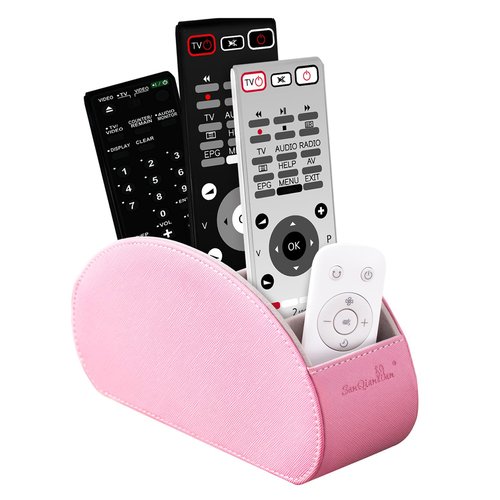 BONNY DODO Remote Control Holders Organizer Box with 5 Compartment PU Leather Multi-functional Office Desk Storage Caddy Store Tv Remote for Media Player,Brush,Pencil,Glassees&Office Supplies (Pink)