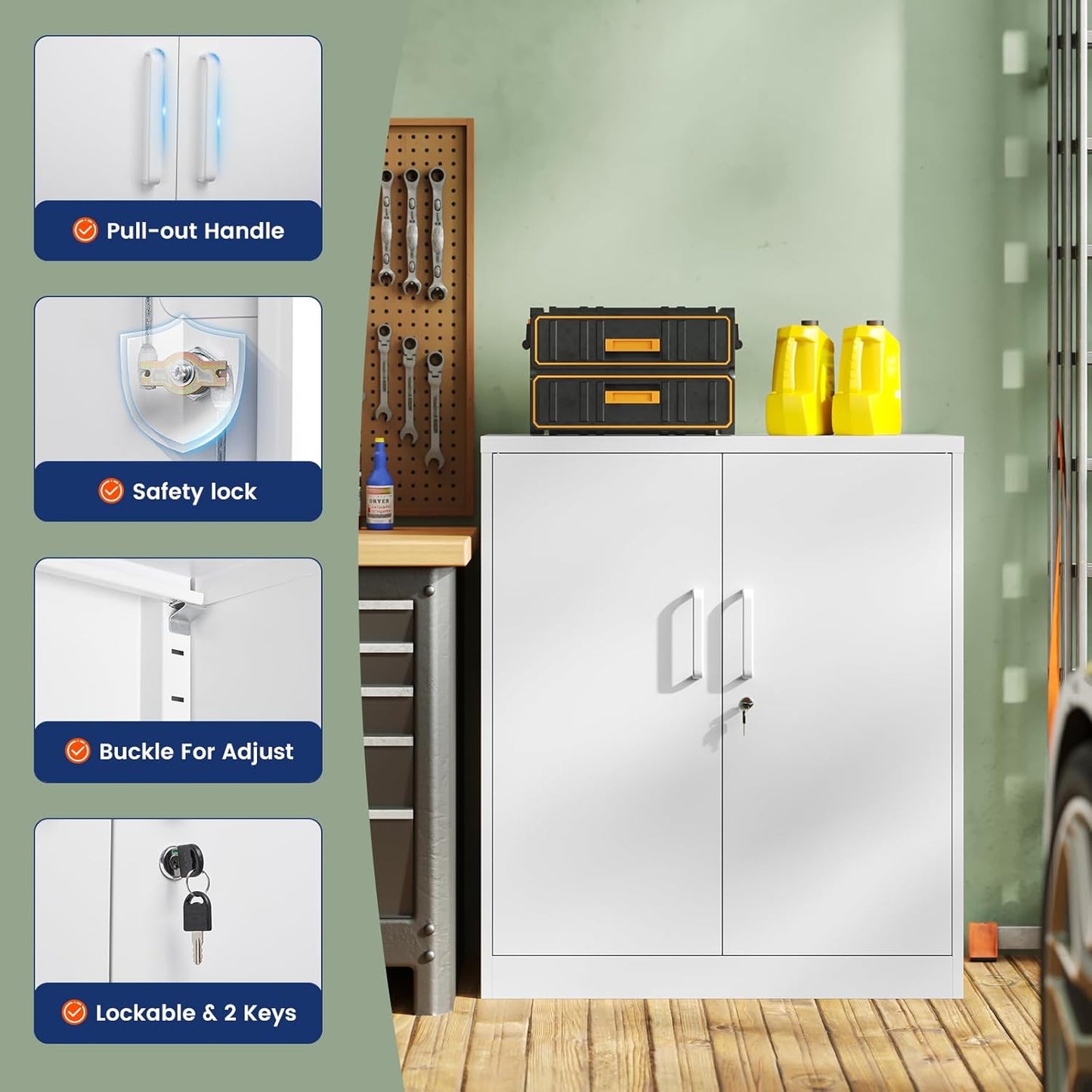Yizosh Metal Garage Storage Cabinet - Lockable 35.5" Steel File Cabinet with 2 Adjustable Shelves | White