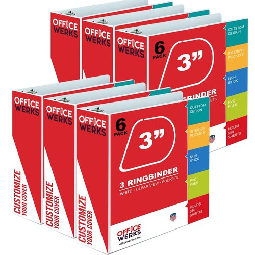 3 Ring Binder, 3" Professional Angle D-Rings, Presentation Folder for Standard Pages with Inside Pockets, Customizable Clear View White Binder (6 Pack)