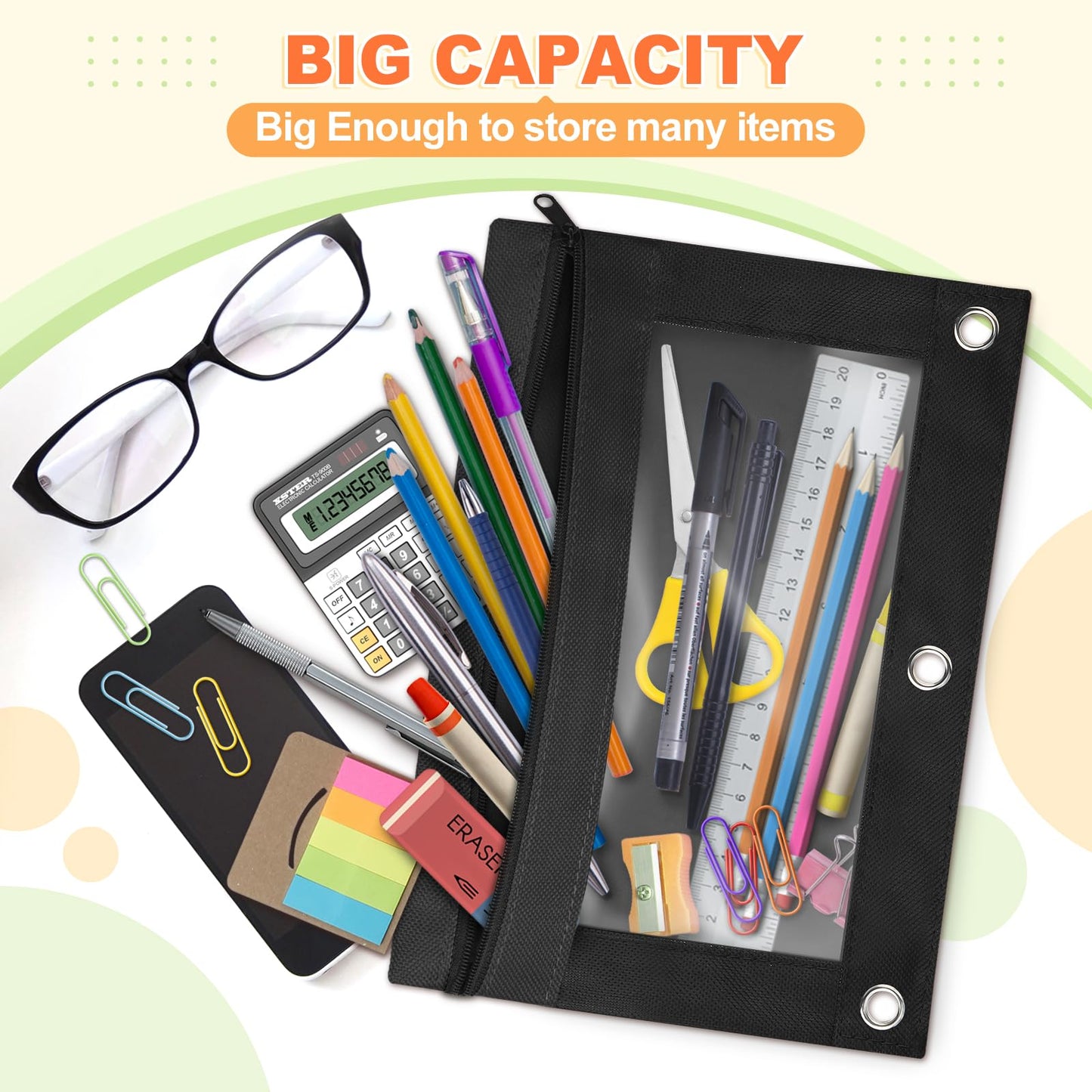 Shemira Pencil Pouch for 3 Ring Binder, Binder Pencil Pouch with Smooth Zipper, Clear Window Pencil Case for Binder, Zipper Pencil Pouches, Big Capacity 3 Ring Binder Pencil Bag, Black
