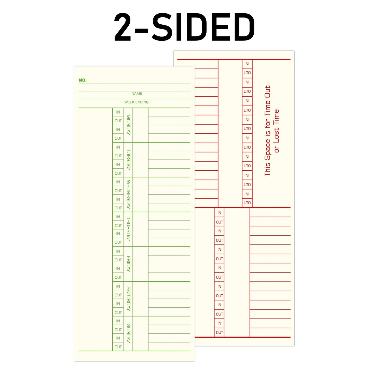 Weekly Time Cards 2-Sided, Named Days, 3-3/8" x 8-1/4", 500-Count, Time Cards for Employees, Green/Red Print, Timecards for Time Clocks