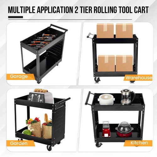 2 Tier Metal Utility Cart,330 Lbs Metal Heavy Duty Utility Cart On Wheels,2 Shelf Steel Rolling Tool Cart, Tool Storage Organizer for Mechanic, Garage, Workshop, Warehouse & Repair Shop