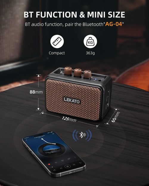 LEKATO Mini Electric Guitar Amplifier, Dual Speakers 5W, Rechargeable Guitar Amp Bluetooth with Clean Overdrive Effects, Headphone Jack, Retro Portable Small Amp for Practice