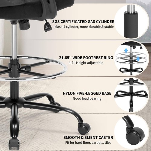 Chairoyal Drafting Chair, Ergonomic Standing Desk Chair with Flip-up Armrests, Tall Office Chair for Standing Desk, Counter Height Office Chairs with Footrest and Adjustable Lumbar Support, Black