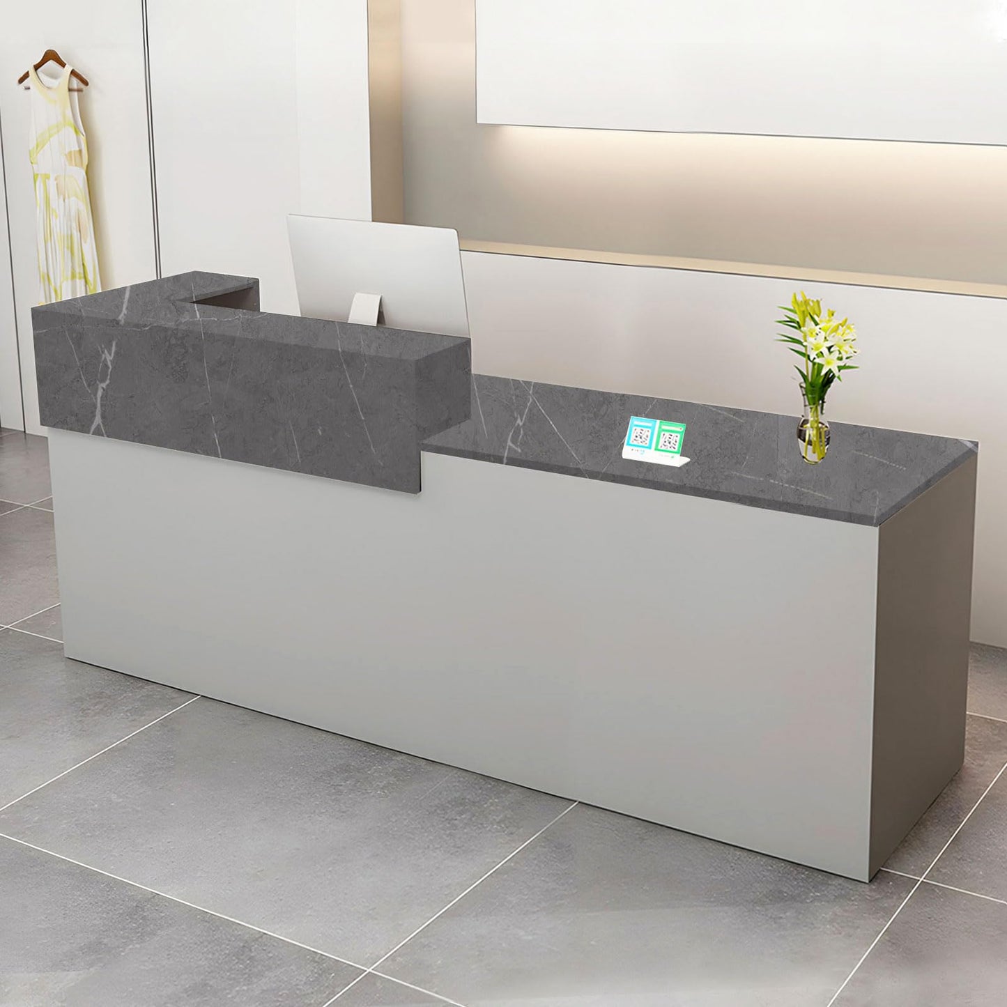 Modern Reception Desk with Drawer & Open Shelves, 39-95 Inch Front Counter Table, Computer Workstation Suitable for Salons, Offices, Lobbies, Retail Stores and Home Offices