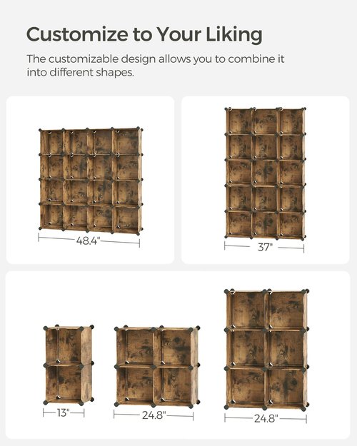 SONGMICS Cube Storage Organizer, Set of 16 Plastic Cubes, Closet Organizers and Storage, Room Organization, Bedroom Living Room, 12.2 x 48.4 x 48.4 Inches, Rustic Brown ULPC442A01
