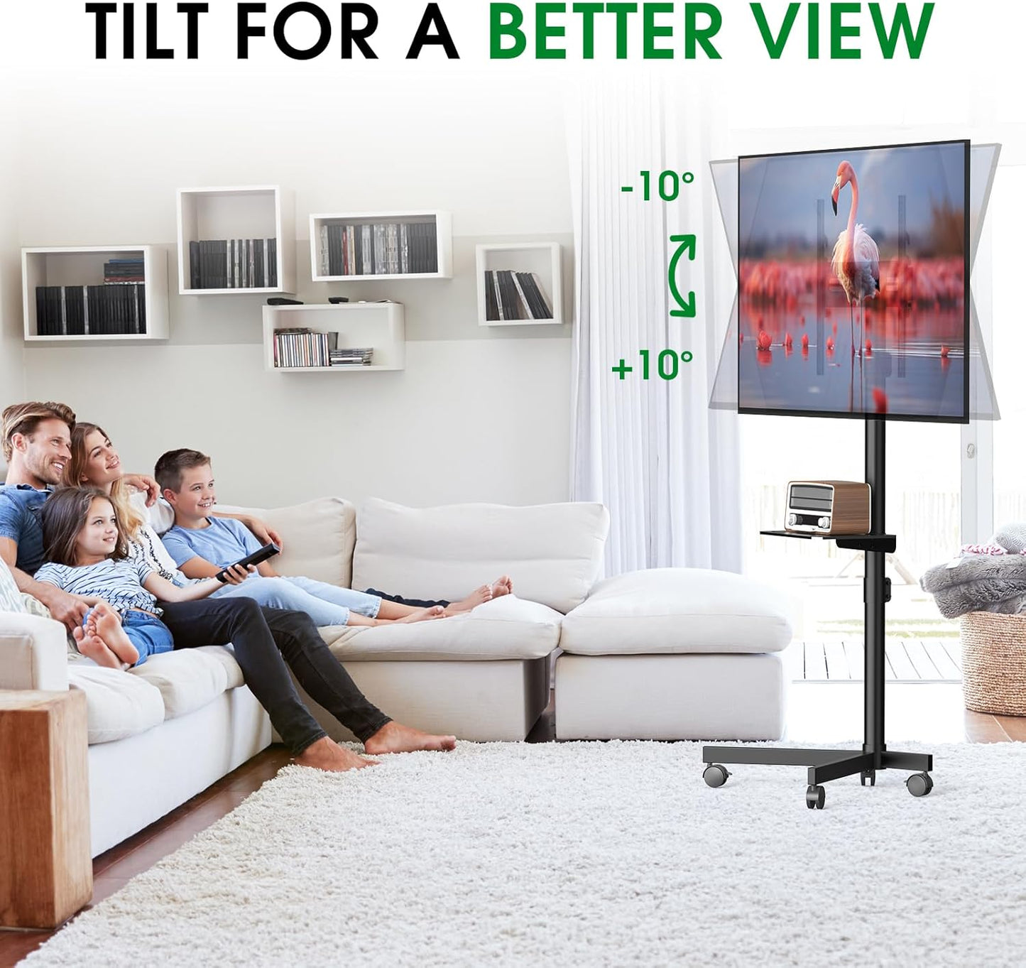 Skiennix Mobile TV Cart - Rolling Stand for 23-60 Inch Screens | Height Adjustable & Portable with Shelf, Black