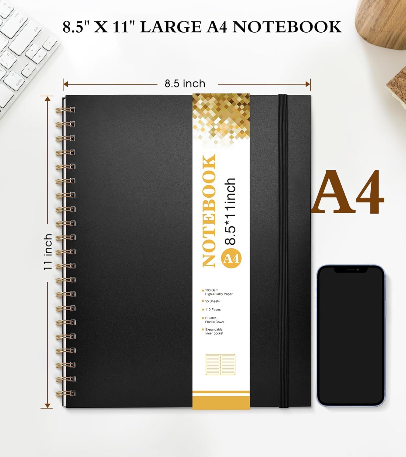 Spiral Notebook Journal - A4 Large 8.5” x 11” | College Ruled, 100 GSM Paper, Plastic Hardcover, Black