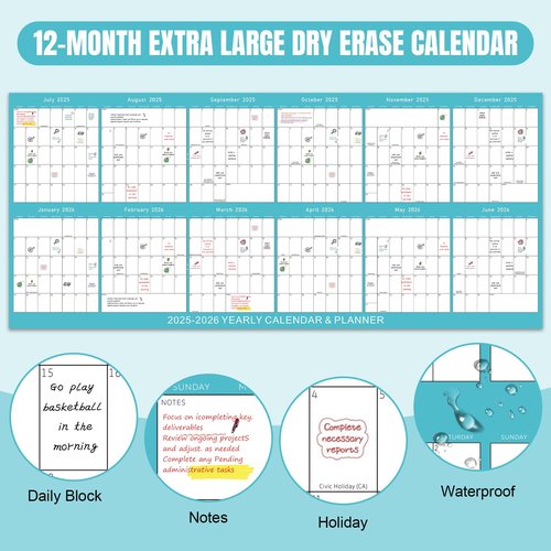 Laminated Erasable Calendar 2025-2026 - 17'' x 38'' Dry Erase Calendar for Wall, July 2025 - June 2026, Reversible, Double Sided, Horizontal/Vertical, Wall Calendar 2025-2026 Perfect for Home School Office