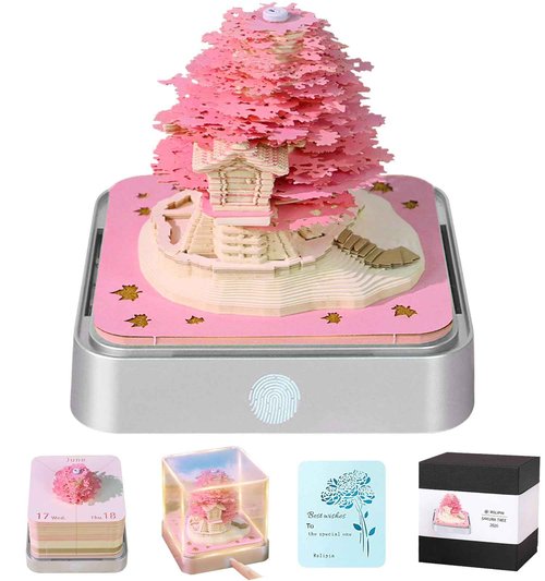 RSLIPIN 3D Memo Pad Time Piece Calendar 2026,3D Calendar Memo Pad DIY Notes Notepad Paper Craft Art Romantic Tree House,2026 3D Desk Calendar With LED Lights,Pink