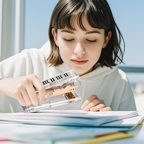 Cute Rose Gold Desk Stapler – Acrylic Transparent Design with Musical Note & Piano Keyboard Pattern, for Home, Office, and Music Lovers Gift (Piano Keyboard)