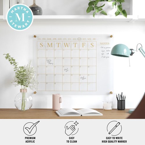 Martha Stewart Grayson Acrylic Wall Calendar with Notes with Dry Erase Marker and Mounting Hardware, 24" x 18", w/Black Print