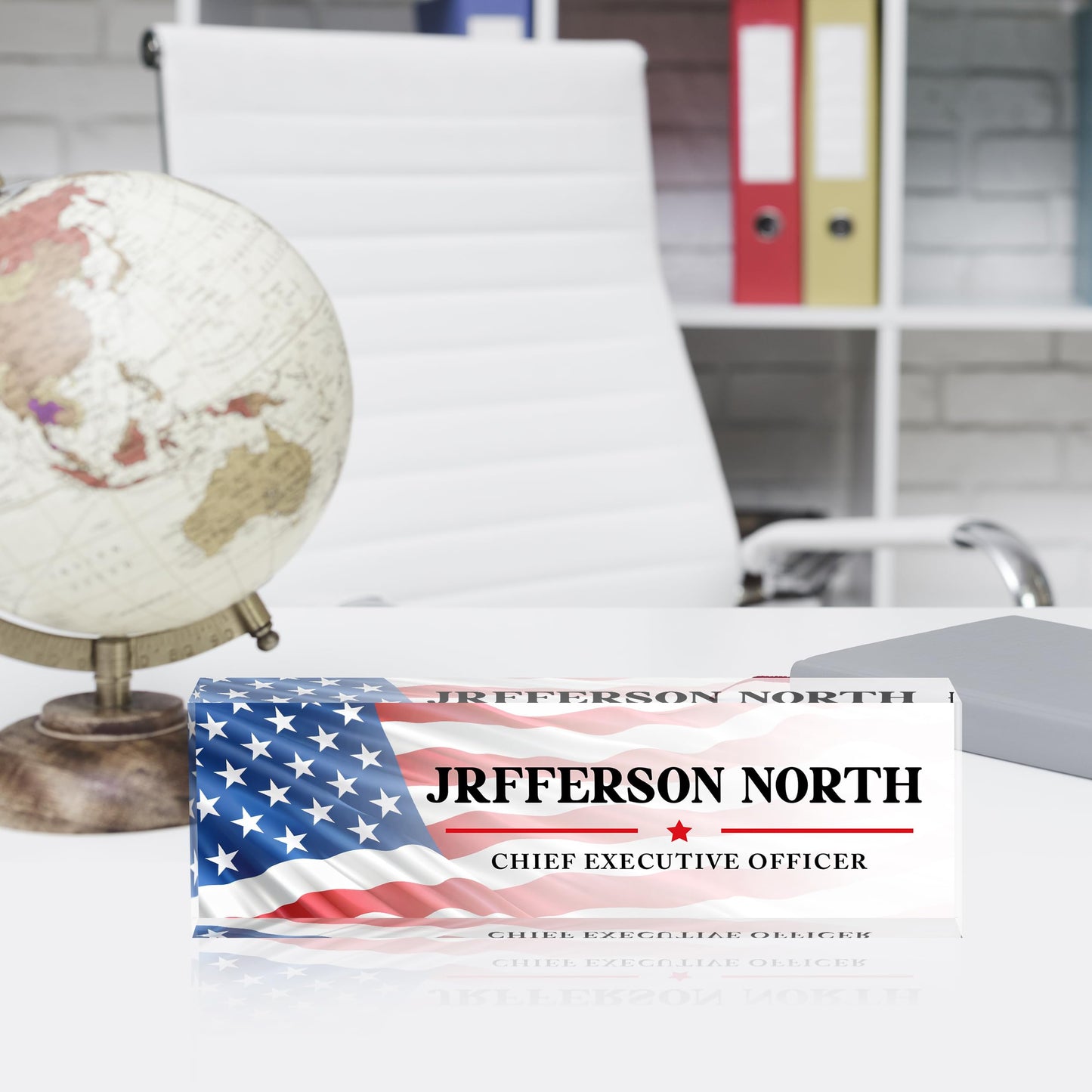 AZUFEMOS Name Plate for Desk - Personalized Acrylic Name Plate - US FLAG 1 - Small - Professional Style - Office