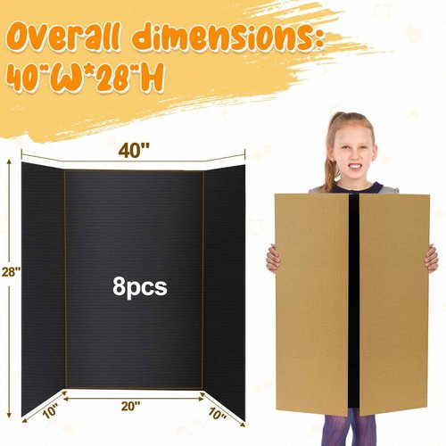 8 PCS Trifold Poster Board- Large 40" x 28" Tri Fold Display Board Hard & Thick Black Presentation Cardboard for Science Fair, School Projects, Business Supply