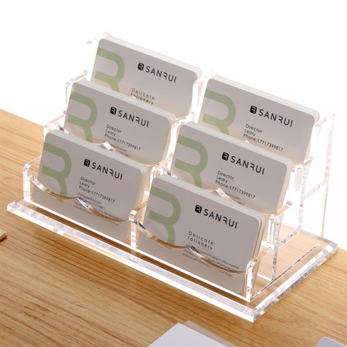 Acrylic Business Card Holder for Desk, Clear Display Stand with 6 Slots, 3-Tier Horizontal Name Card Stands, Office Desk Organizer for Women & Men , Holds 50 Cards Each Pocket