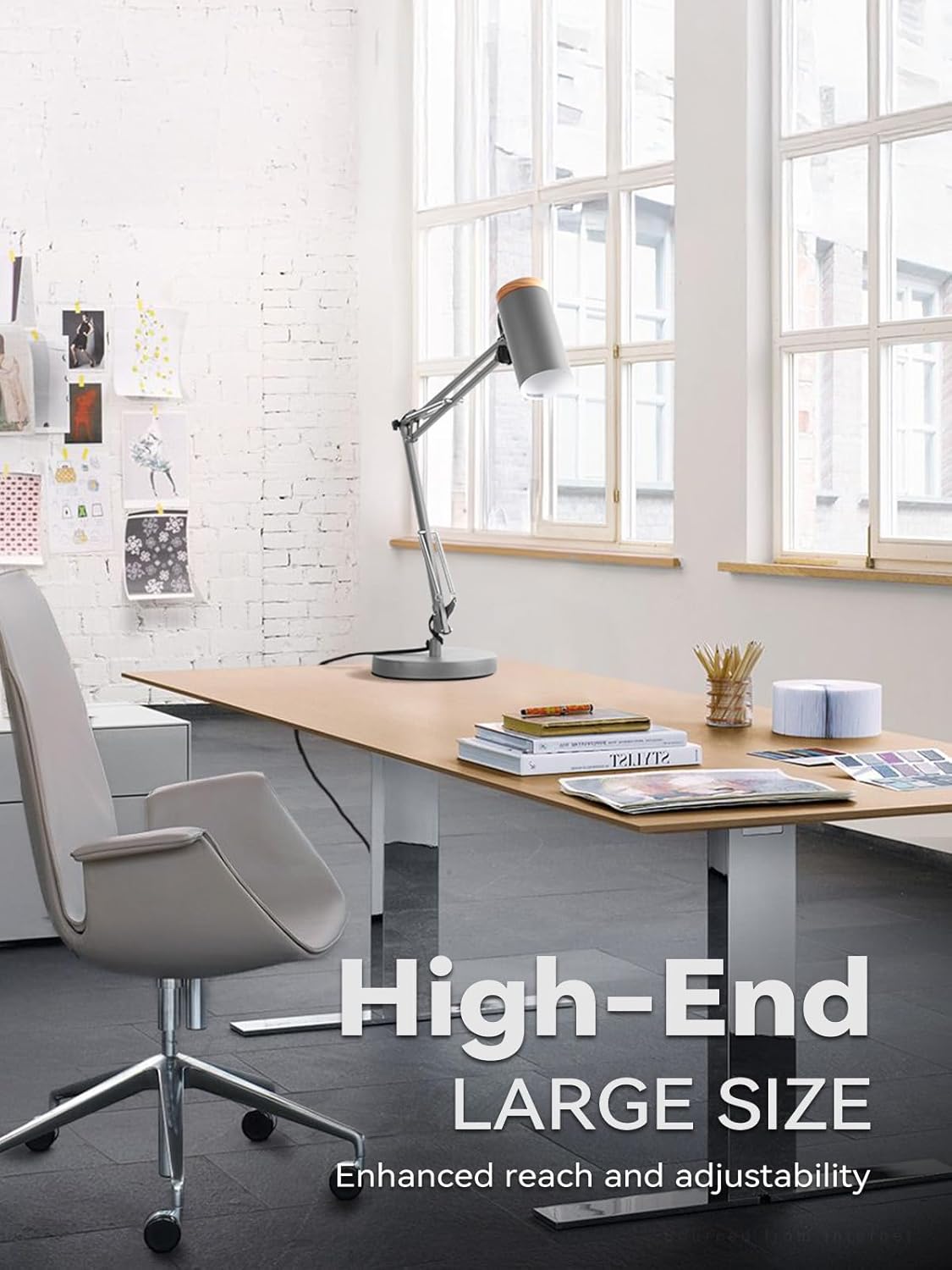 TORCHSTAR Tall Swing Arm Desk Lamp - Adjustable Metal Task Lamp with Wooden Accent | Max Height 31", Grey