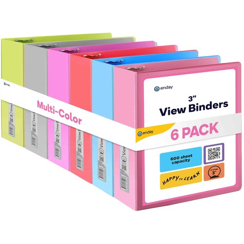 3 Slant D-Ring Binder 3 Inch, 3 in Clear View Cover with 2 Inside Pockets Binder, Heavy Duty Colored School Supplies Binders in Red, Green, Grey, Purple, Blue, Pink, Multicolor (6 PC) – by Enday