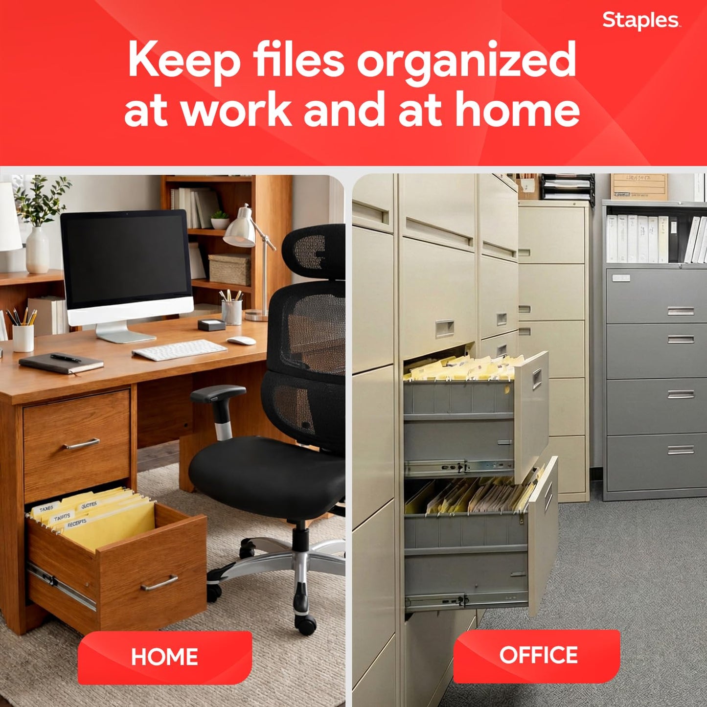 Staples Hanging File Folders, Letter Size, Yellow, 5‑Tab, Durable Construction – 25/Box