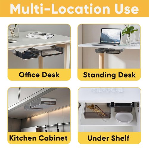 OrgaFocus 2 Pack Under Desk Drawer Slide Pull Out Plastic Organizer, Attachable Clear Black Acrylic Self Adhesive Mount Hidden Storage for Office & Home, Kitchen, Cabinet, Table, Counter, Space Saving