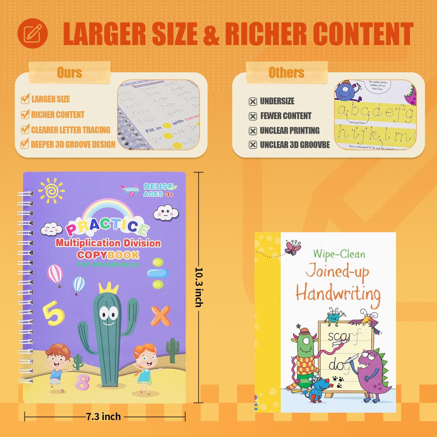 Reusable Magic Copybook for Kids, Large Grooved Handwriting Practice with Pens 5 Large copybooks (7.3x10.3in), Magic Ink Fades Automatically for Reuse, Includes Cactus pens & Bag, Great for Ages 3-8