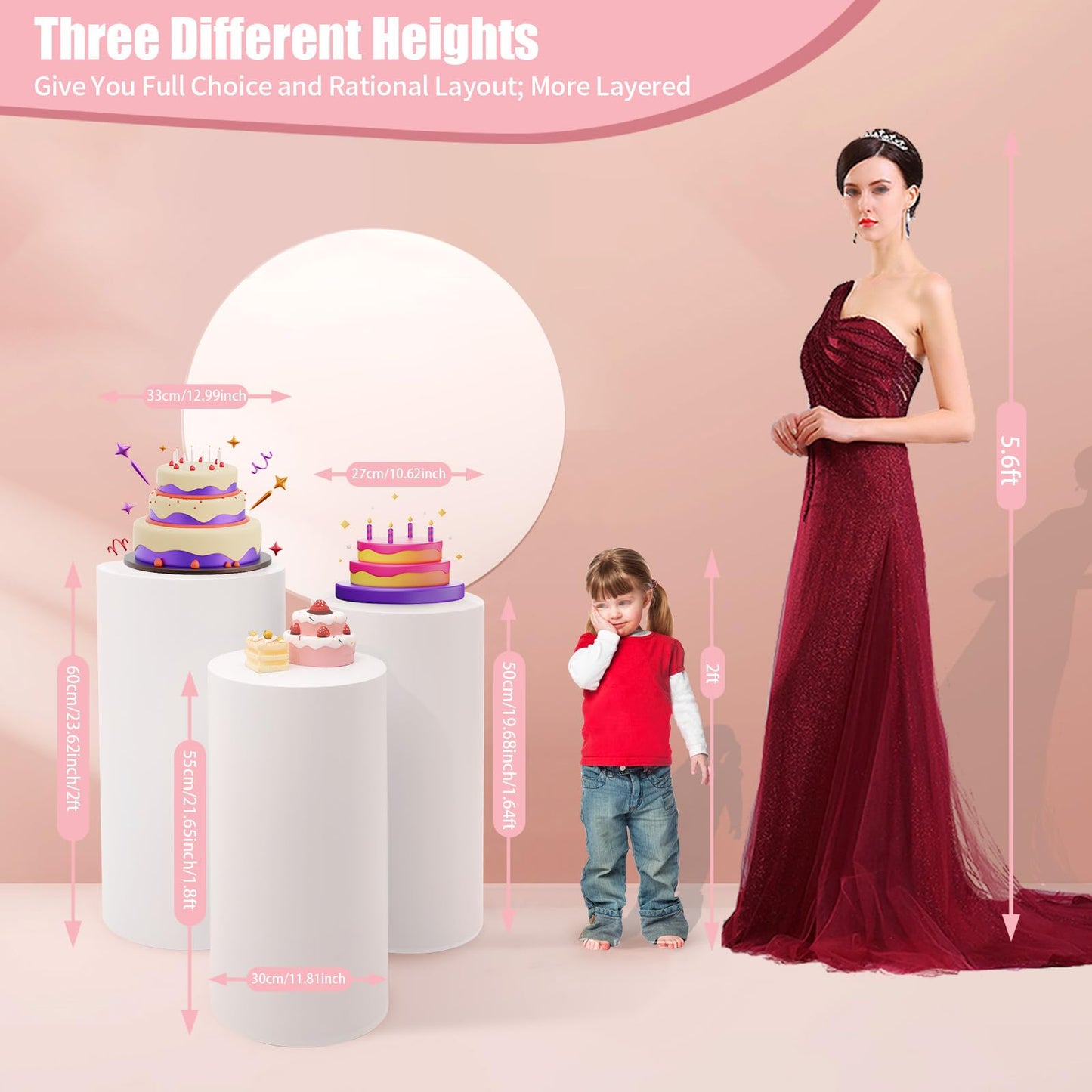 3 Pcs Cylinder Pedestal Stands, White Metal Cylindrical Display Stands Dessert Cake Table Display Pillars, DIY Fun Simple Elegant Round Plinth Pillar for Wedding Baby Shower Birthday Event Decor