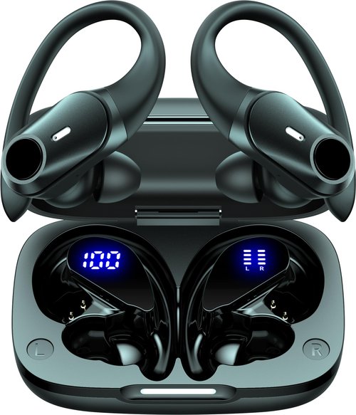GOLREX Active Noise Cancelling Ear Buds Bluetooth Headphones Wireless Earbuds with 80H Wireless Charging Case & LED Display, Over-Ear Hooks Earphones Bass Earbud for Sports Running Gym Workout Black