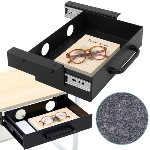 2 Pack Under Desk Slide out Drawer Storage Shelf, Carbon Steel Tray with Mute Felt Sheets, Pull out Organizer for Office Home Workstation Gaming Stand Desk, 13×8×2.8 In(Black)