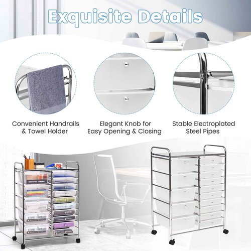 HOMGX Storage Cart with 15 Drawers, 15 Drawer Organizer Trolley, 15 Tiers Storage Trolley, File and Debris Storage Cart, Rolling Drawer Cart for Office and School (Clear)