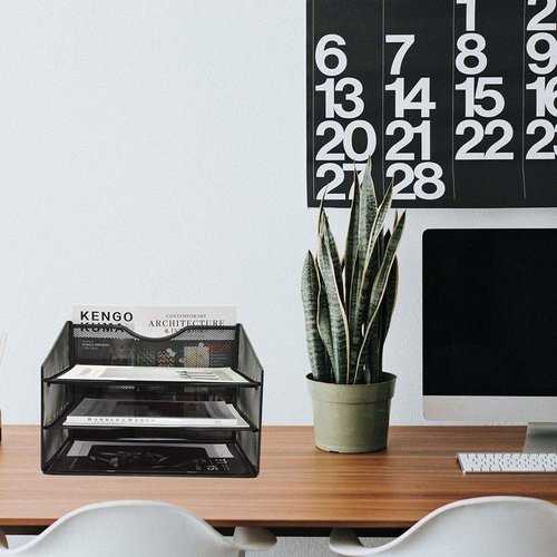 EASEPRES Mesh Desktop File Organizer, Document Mail Desk Folder Holder with 3 Paper Letter Tray and 1 Vertical Upright Compartment for Office Supplies, Desk Accessories & Workspace, Black