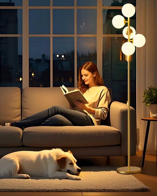 Lightdot Dimmable Globe Floor Lamp - Mid Century Modern Design with 5 Adjustable 3000K Bulbs | Gold Finish for Living Room & Bedroom Decor