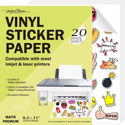 JAGERGREEN Printable Vinyl Sticker Paper for Inkjet & Laser Printers, 20 Sheets 8.5x11 Inch White Matte Sticker Paper Waterproof for Custom Stickers, Labels, Decals, Crafts