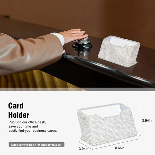 KEYPOWER Bling Crystal Luxury Handmade Diamond Round Pencil Pen Pot Holder & Stapler & Card Holder & Desktop Tape Dispenser Office Stationery Kit for Fashion Girls Women(White)