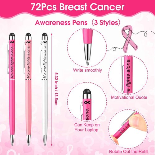 Janlaugh 72 Sets Breast Cancer Awareness Accessories 2 in 1 Pen with Stylus Tip Pink Ribbon Pin Breast Cancer Awareness Bulk Items Survivor Gifts Hope Cards Gift Bags Pink Ribbon Accessories