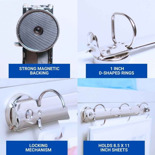 Magnetic 3 Ring Binder Locking Mechanism – 10 Pack – for Hanging 8.5 x 11 Inch Sheets of Paper – 3 Rings – 1 Inch D Shaped Rings – 5S Visual Aid - 50 Sheet Protectors Included