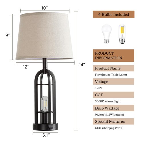 SRJJA Black Table Lamps for Living Room Set of 2 - Farmhouse Lamps for Night Stands with USB A+C, Bedside Lamps for Bedroom, 24'' Industrial Lamp for Living Room End Tables