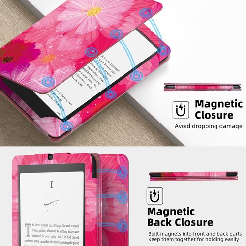 Famavala Slim Foldable Stand Case for 7" inch (12th Generation 2024) with Auto Wake/Sleep, Hand Strap; not fit for Boox Palma2 (Pink Flower)