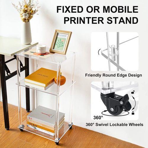 TAKEKIT Acrylic Printer Stand, 3-Tier Printer Table on Wheels, Multifunctional Rolling Printer Cart Storage Shelf for Home Office Organization